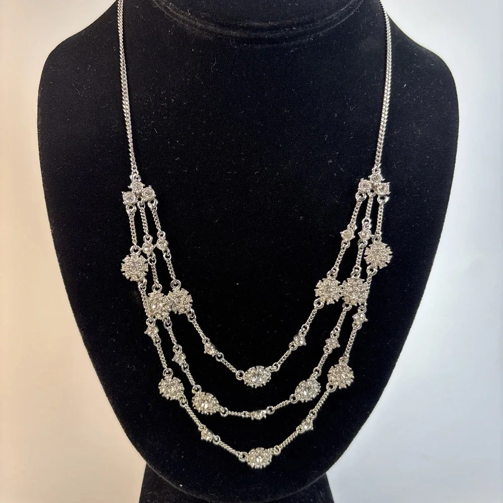 Necklace Rhinestones Multi Strand Delicate Bib Style Givenchy Silver Tone 90s